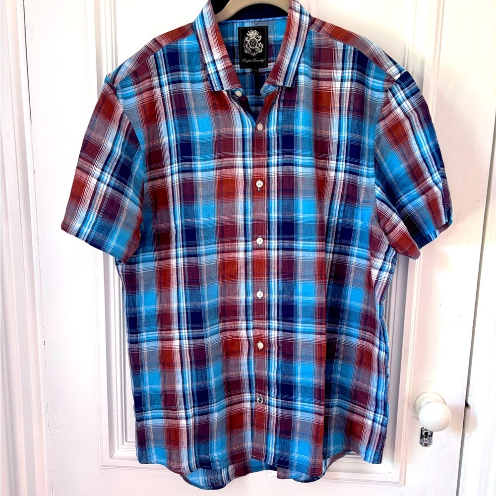 Men’s English Laundry Plaid Short Sleeve Button Front Linen Shirt Size XL